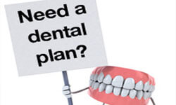 Illustration of a set of teeth holding a sign “Need a dental plan?