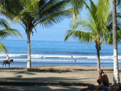 Picture of a beautiful Costa Rica beach with palm trees and gently breaking waves.